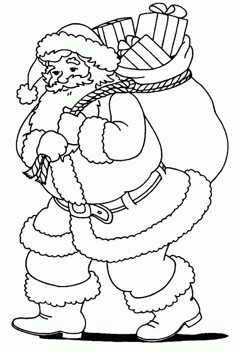 Mikołaj z ogromnym workiem prezentów kolorowanka do druku